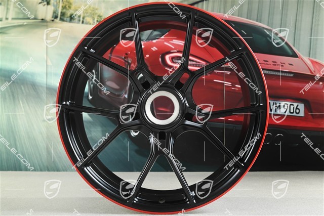 20+21 -inch GT3 wheel rim set, 9,5J x 20 ET46 + 12J x 21 ET45, black satin mat + red rim border