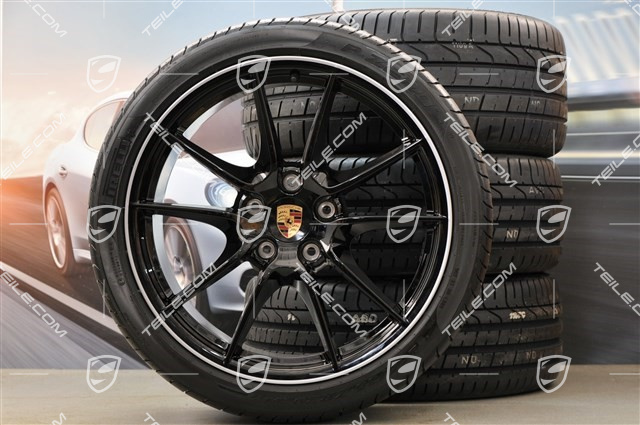 20-inch Carrera S (III) summer wheel set, 8J x 20 ET57 + 9,5J x 20 ET45 + NEW Pirelli tyres 235/35 ZR20 + 265/35 ZR20, rims star in black (glossy), with TPMS