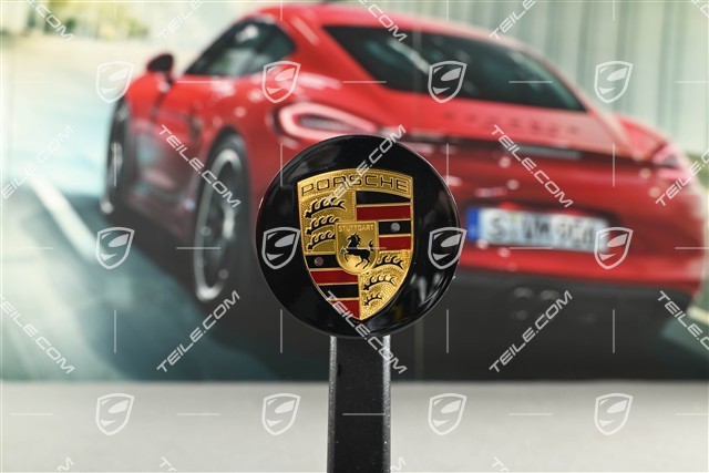 Radkappe, rund, gewölbt, mit farbigem Porsche-Wappen, Moonlight Blue Metallic