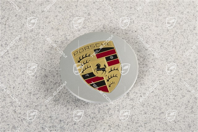 Hub cap, convex, crest coloured, brilliant chrome