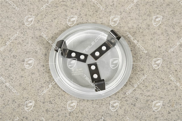 Radzierdeckel, für Innendurchmesser 66 mm, für Fuchsfelgen, eloxiert, silber mit farbigem, geprägten Porsche Wappen (orange)