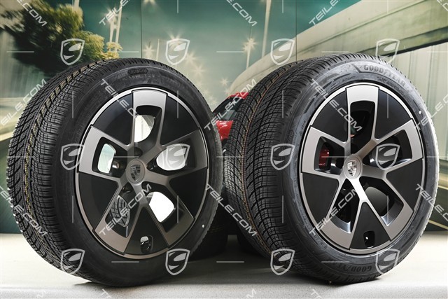 21" Cayenne Turbo Aero Winterräder Satz, Felgen 9,5J x 21 ET16 + 11J x 21 ET37 + NEUE Goodyear Ultragrip Performance 3 SUV 275/45 R21 + 315/40 R21, schwarz seidenmatt + Turbonit