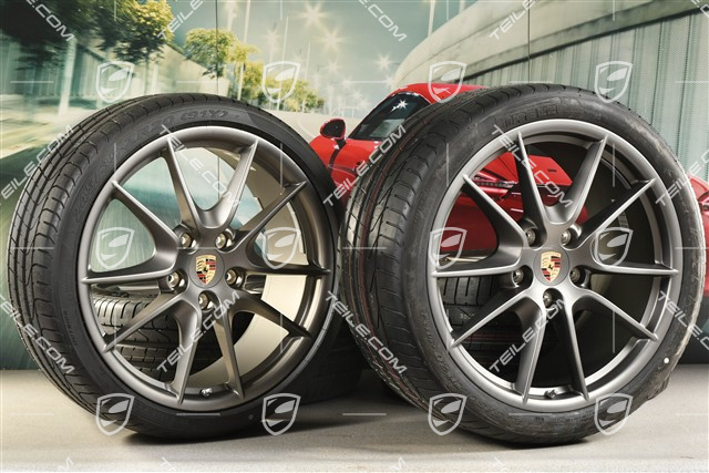 20-inch Carrera S (III) summer wheel set, rims 8,5J x 20 ET51 + 11J x 20 ET70, Pirelli summer tyres 245/35 ZR20 + 295/30 ZR20, Platinium satin matt, with TPMS