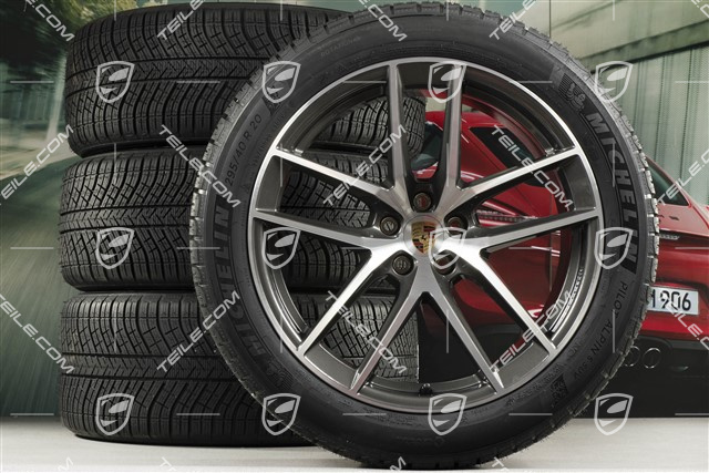 20" "Macan S" koła zimowe, komplet, felgi 9J x 20 ET26 + 10J x 20 ET19 + NOWE opony zimowe Michelin 265/45 R 20 + 295/40 R 20, ciemny tytan/frezowane na wysoki połysk, z czujnikami ciśnienia RDK
