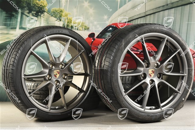 20" Komplet kół letnich Carrera S III, felgi 8,5J x 20 ET51 + 11J x 20 ET52 + NOWE opony letnie Pirelli 245/35 ZR20 + 305/30 ZR20, z czujnikami RDK, platinum satyna