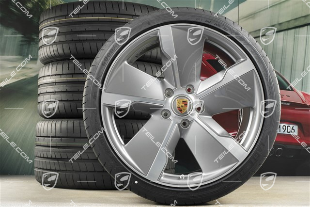 21" koła letnie Exclusive Design, komplet, felgi 9,5J x 21 ET60 + 11,5J x 21 ET66 + NOWE opony letnie Goodyear 265/35 R21 + 305/30 R21, srebrne