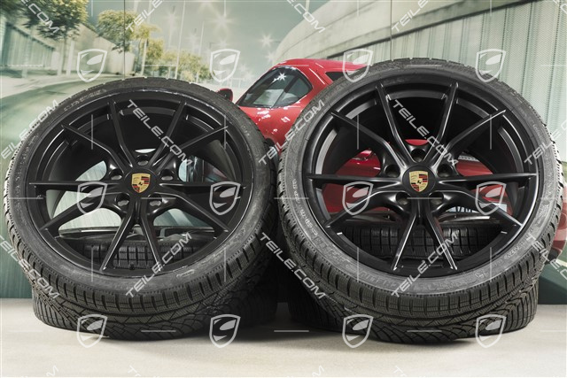 20" Carrera S winter wheels set for Cayman GT4 / Boxster Spyder, rims 8J x 20 ET57 + 10J x 20 ET45 + NEW Michelin winter tires 235/35 R20 + 275/30 R20, black (satin matt), with TPMS