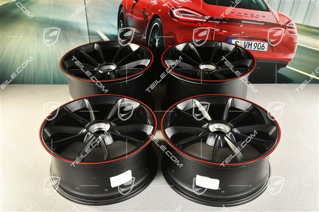 20" Felgensatz GT3, 9J x 20 ET55 + 12J x 20 ET47, in Schwarz seidenmatt + Rand in Rot