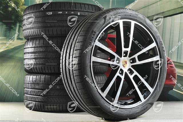 22" Koła letnie, komplet, Cayenne Coupé Sport Design, felgi 10J x 22 ET48 +11,5J x 22 ET52 + NOWE opony letnie Pirelli 285/40 R22 + 315/35 R22, czarny wysoki połysk