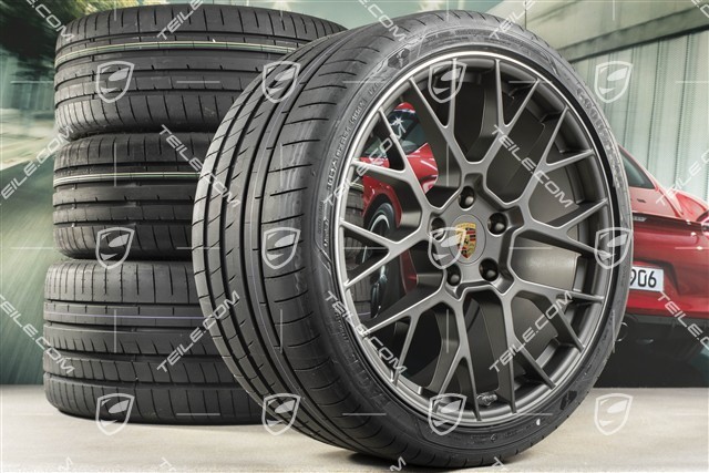 20"+21" koła letnie, komplet RS Spyder Design, felgi 8,5J x 20 ET53 + 11,5J x 21 ET67 + NOWE opony letnie Goodyear 245/35 R20 + 305/30 R21, z czujnikami ciśnienia, Platinum satynowy półmat