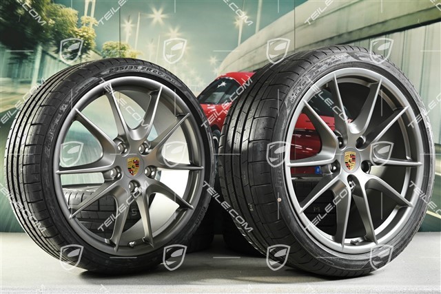 20" Komplet kół letnich Carrera S Platinum (półpołysk), 8J x 20 ET57 + 9,5J x 20 ET45 + NOWE opony letnie Pirelli 235/35 ZR20 + 265/35 ZR20, z czujnikami ciśnienia