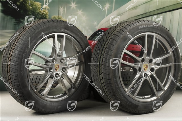 20" Cayenne COUPE Sport Winterräder Satz, Felgen 9J x 20 ET50 + 10,5J x 20 ET55 + NEUE Continental Winterreifen 275/45 R20 + 305/40 R20, mit RDK-Sensoren, Platinum Seidenmatt