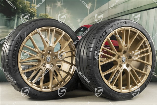 21" Panamera Exclusive Design Sport Sommerräder Satz, Felgen 9,5J x 21 ET71 + 11,5J x 21 ET69 + NEUE Michelin Sommerreifen 275/35 R21 + 315/30 R21, mit RDK-Sensoren, in Aurum Seidenmatt