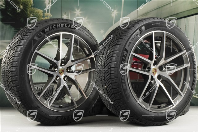 20" "Macan S" koła zimowe, komplet, felgi 9J x 20 ET26 + 10J x 20 ET19 + NOWE opony zimowe Michelin 265/45 R 20 + 295/40 R 20, ciemny tytan/frezowane na wysoki połysk, z czujnikami ciśnienia RDK