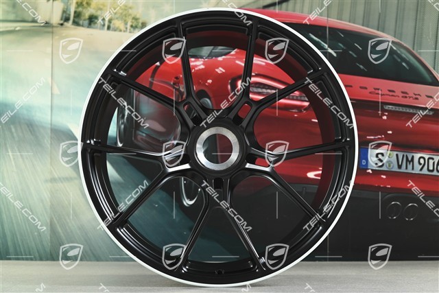 20+21 -inch GT3 wheel rim set, 9,5J x 20 ET46 + 12J x 21 ET45, black satin mat + white rim border