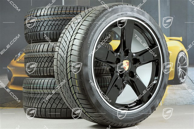 19" winter wheel set Cayman S, 8J x 19 ET57 + 9,5J x 19 ET45, winter tyres Continental WinterContact TS 830P 235/40 R19 + 265/40 R19, without TPMS, black