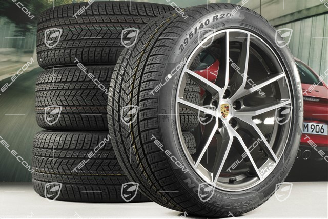 20" "Macan S" koła zimowe, komplet, felgi 9J x 20 ET26 + 10J x 20 ET19, opony zimowe Pirelli 265/45 R 20 + 295/40 R 20, ciemny tytan/frezowane na wysoki połysk, z czujnikami ciśnienia RDK
