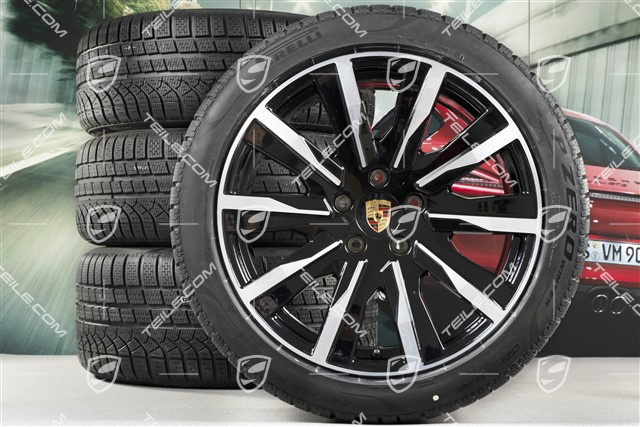 20" koła zimowe Taycan Tequipment Design, komplet, felgi 9J x 20 ET54 + 11J x 20 ET60 + NOWE opony zimowe Pirelli 245/45 R20 + 285/40 R20, czarny wysoki połysk