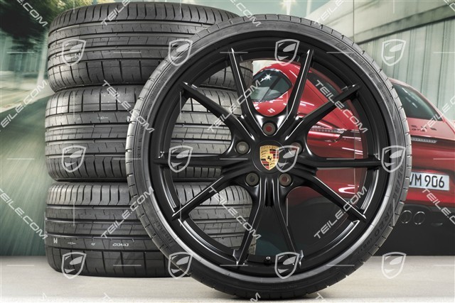 20" Carrera S summer wheels set, rims 8J x 20 ET57 + 10J x 20 ET45 + NEW Pirelli summer tires 235/35 ZR20 + 265/35 ZR20, black satin-matt, with TPMS