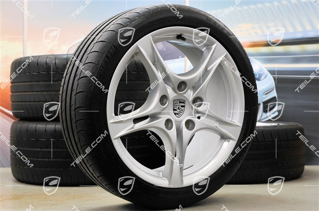 18" Sommerräder Satz Cayman S II, Felgen 8J x 18 ET57 + 9J x 18 ET43 + NEUE Sommerreifen 235/40 R18 + 265/40 R18, ohne RDK-Sensoren