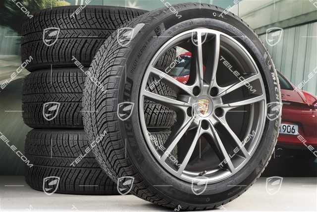 20" Cayenne COUPE Sport Winterräder Satz, Felgen 9J x 20 ET50 + 10,5J x 20 ET55 + NEUE Michelin Winterreifen 275/45 R20 + 305/40 R20, mit RDK-Sensoren, Platinum Seidenmatt