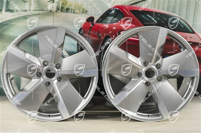 21" Komplet felg Taycan Exclusive Design 9,5J x 21 ET60 + 11,5J x 21 ET66, srebrny Platinum Silver