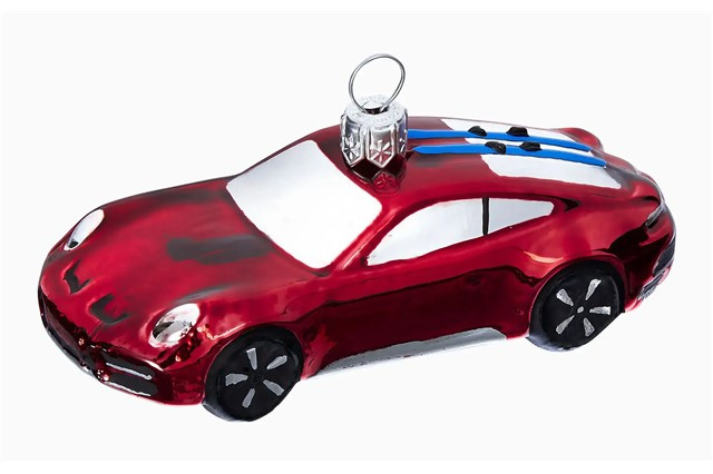 Weihnachtsbaumschmuck / Christbaumkugel Collector's Edition No. 6 – Christmas / Weihnachten, Porsche 911 Dakar mit Skiern, rot