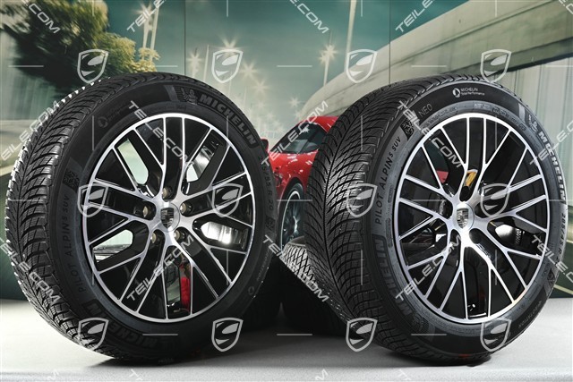 20" koła zimowe Macan S, felgi 7,5J x 20 ET32 + 10J x 20 ET49 + NOWE opony zimowe Michelin 235/55 R20 + 285/45 R20, czarny wysoki połysk