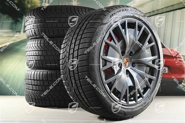 20" koła zimowe Taycan Turbo S Aero Design, komplet, felgi 9J x 20 ET54 + 11J x 20 ET60 + NOWE opony zimowe Pirelli 245/45 R20 + 285/40 R20, antracytowa szarość - anthracite grey