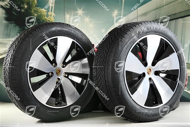 20" Macan Winterräder Satz, Felgen 7,5J x 20 ET32 + 10J x 20 ET49 + Goodyear Winterreifen 235/55 R20 + 285/45 R20, in Schwarz Hochglanz