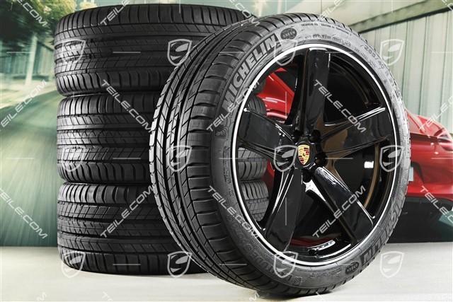 21" Sport Classic summer wheel set, wheel rims 9,5J x 21 ET27 + 10J x 21 ET19 + NEW Michelin summer tyres 265/40 R21 + 295/35 R21, with TPMS, black high gloss
