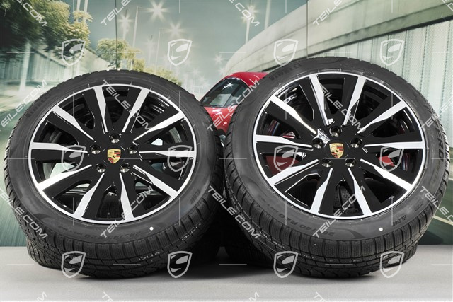 20" koła zimowe Taycan Tequipment Design, komplet, felgi 9J x 20 ET54 + 11J x 20 ET60 + NOWE opony zimowe Pirelli 245/45 R20 + 285/40 R20, czarny wysoki połysk