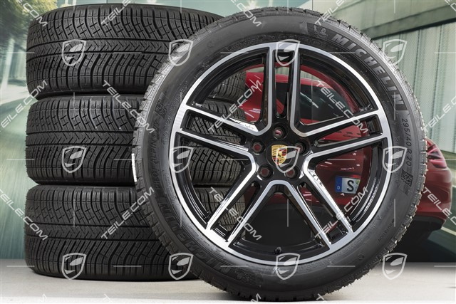 20" "Macan Turbo" koła zimowe, komplet, felgi 9J x 20 ET26 + 10J x 20 ET19 + NOWE opony zimowe Michelin Latitude Alpin 5 265/45 R20 + 295/40 R20, czarny perłony metalik Jet Black, z czujnikami ciśnienia RDK