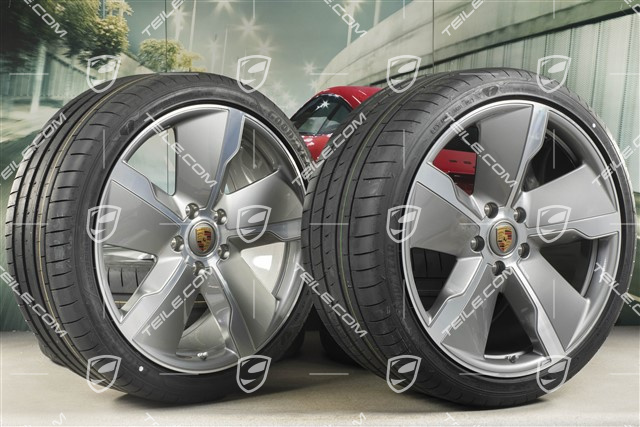 21" koła letnie Exclusive Design, komplet, felgi 9,5J x 21 ET60 + 11,5J x 21 ET66 + NOWE opony letnie Goodyear 265/35 R21 + 305/30 R21, srebrne