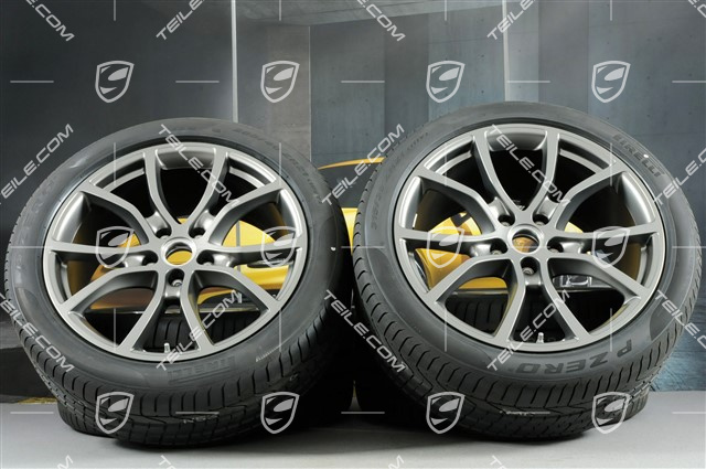 21-inch Cayenne Exclusive Design summer wheel set, rims 9,5J x 21 ET46 + 11,0J x 21 ET58 + NEW Pirelli P Zero summer tyres 285/40 R21 + 315/35 R21, with TPMS, Platinum satin matt