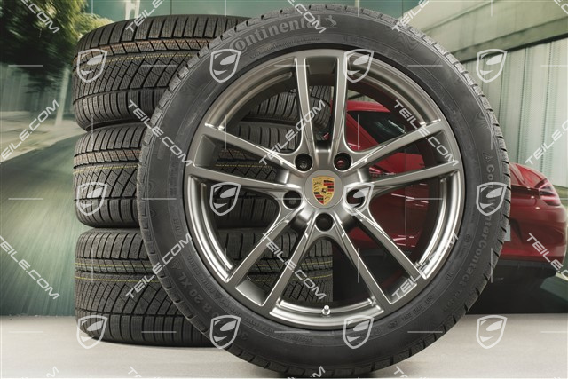 20" Cayenne COUPE Sport Winterräder Satz, Felgen 9J x 20 ET50 + 10,5J x 20 ET55 + NEUE Continental Winterreifen 275/45 R20 + 305/40 R20, mit RDK-Sensoren, Platinum Seidenmatt
