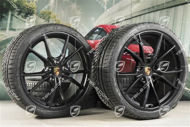 20" Carrera S winter wheels set for Cayman GT4 / Boxster Spyder, rims 8J x 20 ET57 + 10J x 20 ET45 + NEW Michelin winter tires 235/35 R20 + 275/30 R20, black (satin matt), with TPMS