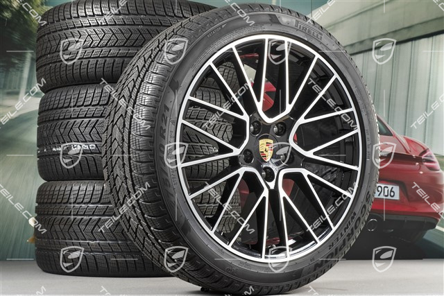21" koła zimowe Cayenne RS Spyder, komplet, felgi 9,5J x 21 ET46 + 11,0J x 21 ET58 + NOWE opony zimowe Pirelli 275/40 R21 + 305/35 R21, z czujnikami ciśnienia, czarny wysoki połysk