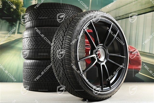 20"+21" koła zimowe Turbo S, komplet, felgi montowane centralnie 8,5J x 20 ET40 + 11J x 21 ET66 + opony zimowe Goodyear 245/35 R20 + 305/30 R21, czarny satynowy półmat