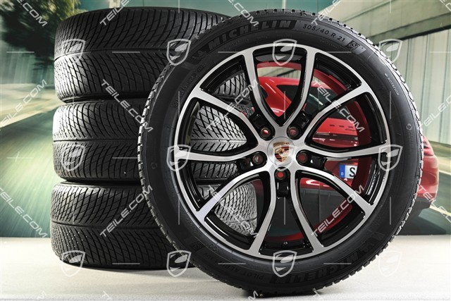 21" Cayenne COUPE Exclusive Design Winterräder Satz, Felgen 9,5J x 21 ET46 + 11,0J x 21 ET49 + Michelin Pilot Alpin 5 SUV Winterreifen 285/45 R21 + 305/40 R21, mit RDK-Sensoren, schwarz hochglanz