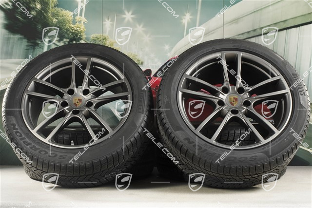 20" Cayenne COUPE Sport Winterräder Satz, Felgen 9J x 20 ET50 + 10,5J x 20 ET55 + Pirelli Winterreifen 275/45 R20 + 305/40 R20, mit RDK-Sensoren, Platinum Seidenmatt