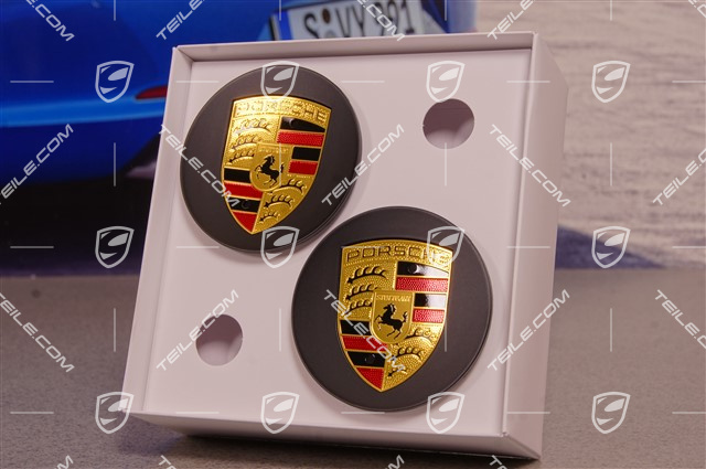 Hub cap set, crest coloured, concav, silk-gloss black