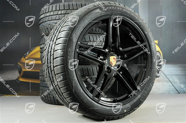 19" koła zimowe, komplet Carrera, felgi 8,5J x 19 ET50 + 11J x 19 ET56 + opony zimowe Pirelli Sottozero II 235/40 R19 + 295/35 R19, nie do samochodów z PCCB + skrętna tylna oś, czarny wysoki połysk