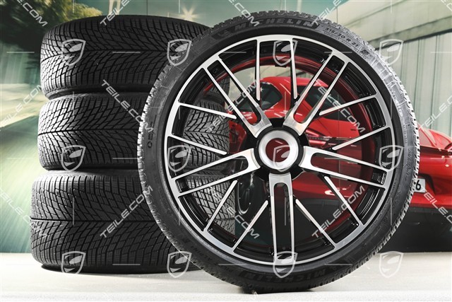 20+21" 911 Turbo S Winterräder Satz, Felgen 8,5J x 20 ET40 + 11,5 x 21 ET62 + Michelin Winterreifen 245/35 R20 + 315/30 R21, schwarz hochglanz + glanzgedrecht