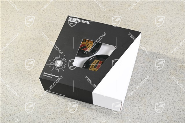 Radzierdeckel Satz (4 Stück), Lackiert Schwarz seidenglanz mit farbigem Porsche Wappen und Schwarz Hochglanz Ring