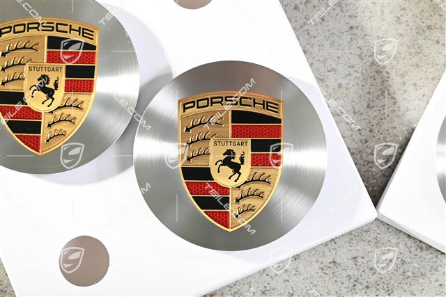 Radzierdeckel, konkav, Rotations-Schliff / glanzgedreht, Porsche Wappen in Turbonit, 4er-Set