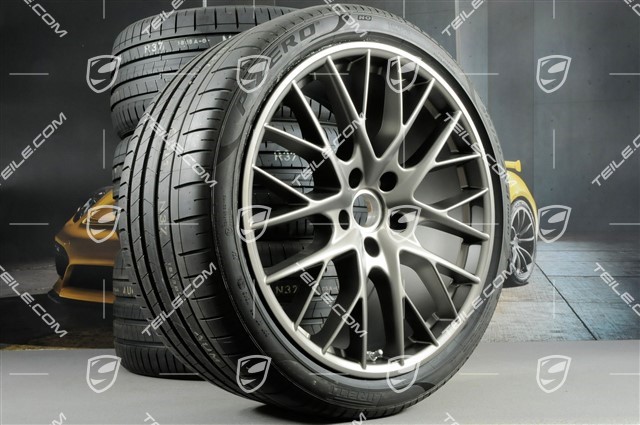 21-inch Panamera SportDesign summer wheel set, rims 9,5J x 21 ET71 + 11,5J x 21 ET69 + NEW Pirelli summer tires 275/35 ZR21 + 315/30 ZR21, with TPM, Platinum satin matt