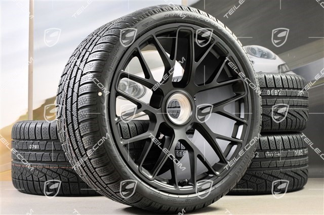 GT3 20" koła zimowe, komplet, "Turbo S" central. moc., 9J x 20 ET51 + 11J x 20 ET59 + NOWE opony zimowe Pirelli 245/35 R20+295/30 R20, czujniki RDK, czarny półmat satyna