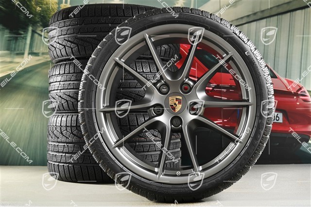 20" Carrera S III Winterräder Satz, Felgen 8,5J x 20 ET51 + 11J x 20 ET52 + Pirelli Winterreifen 245/35 ZR20 + 295/30 ZR20, ohne RDK-Sensoren, Platinum Seidenmatt