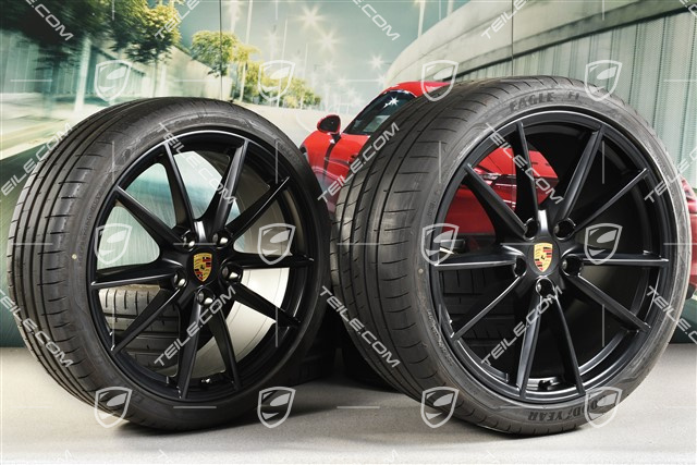 20"+21" koła letnie, komplet Carrera S, felgi 8,5J x 20 ET53 + 11,5J x 21 ET67 + NOWE opony letnie Goodyear 245/35 R20 + 305/30 R21, z czujnikami ciśnienia, czarny satynowy półmat